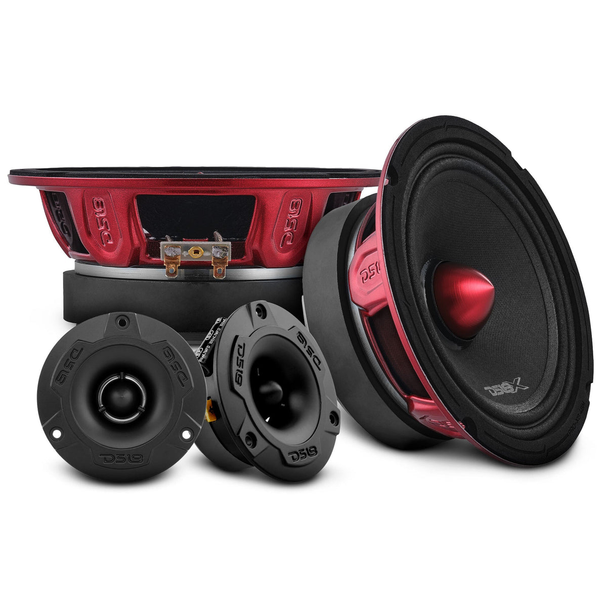 Pro Audio Speaker + Tweeter Bundle: 6.5" Midrange Speakers and 3.8" Bullet Tweeters with OEM Speaker Adapters, Amplifier, and Wiring Kit