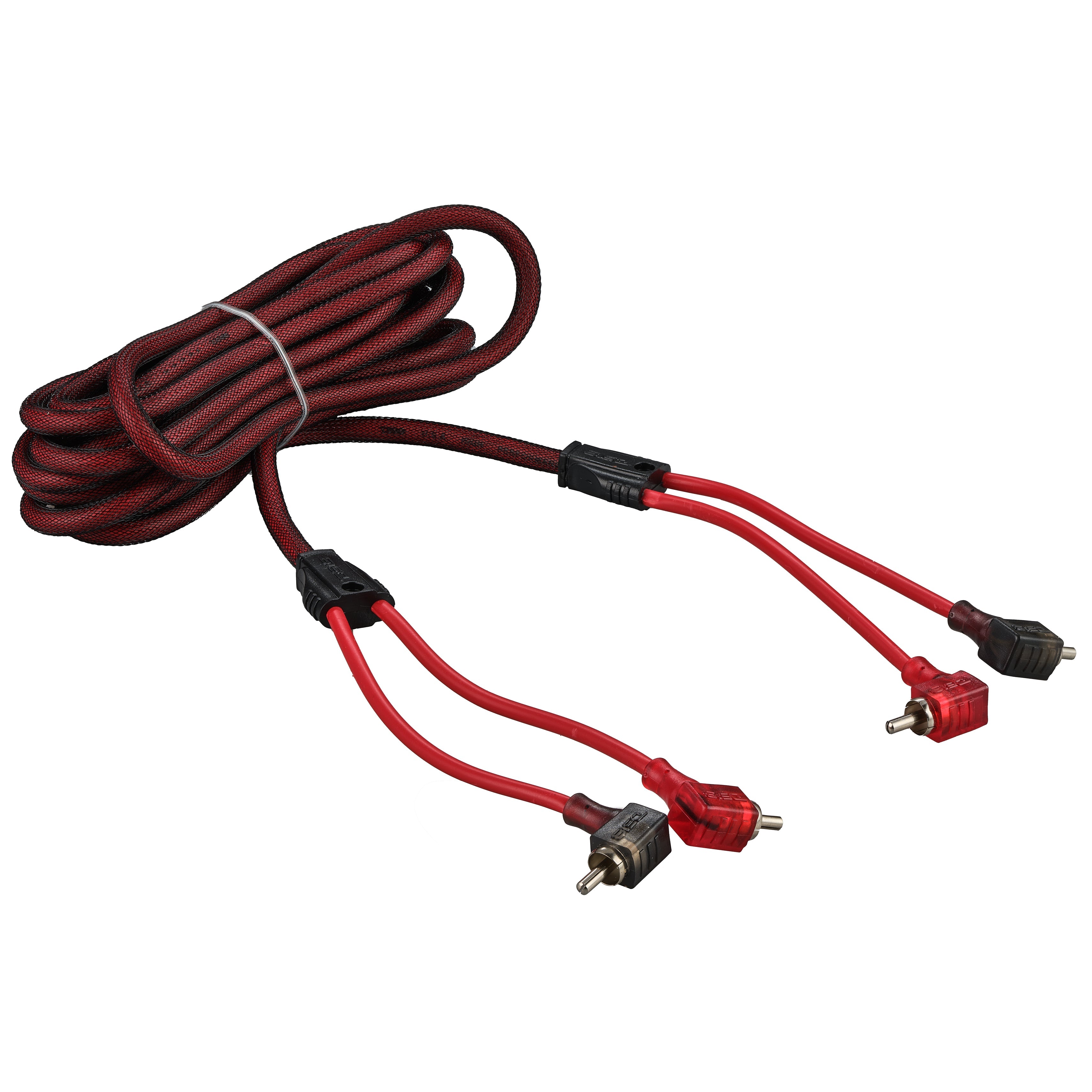 100% OFC Ultra Flex 2-Channel RCA with 90 Degree Ends, Dual Twist Wire, Red Braided Jacket - 12 ft
