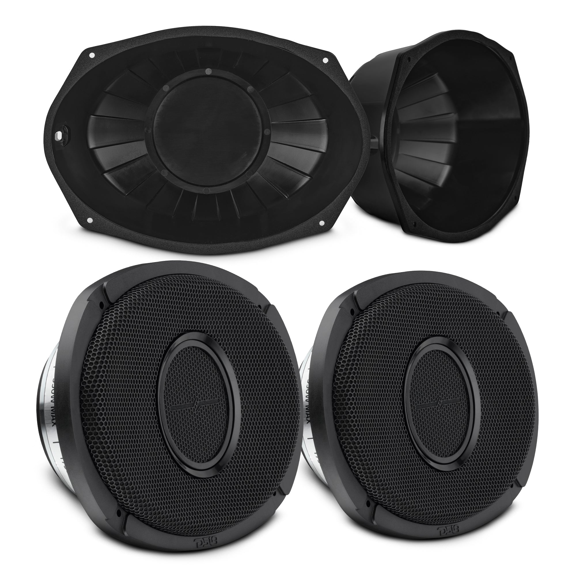 6x9” Hybrid Motorcycle Speaker Bundle – Slim 2-Way Loudspeakers + Sealed ABS Baffles (Pair) | IP65 Water-Resistant, High Output