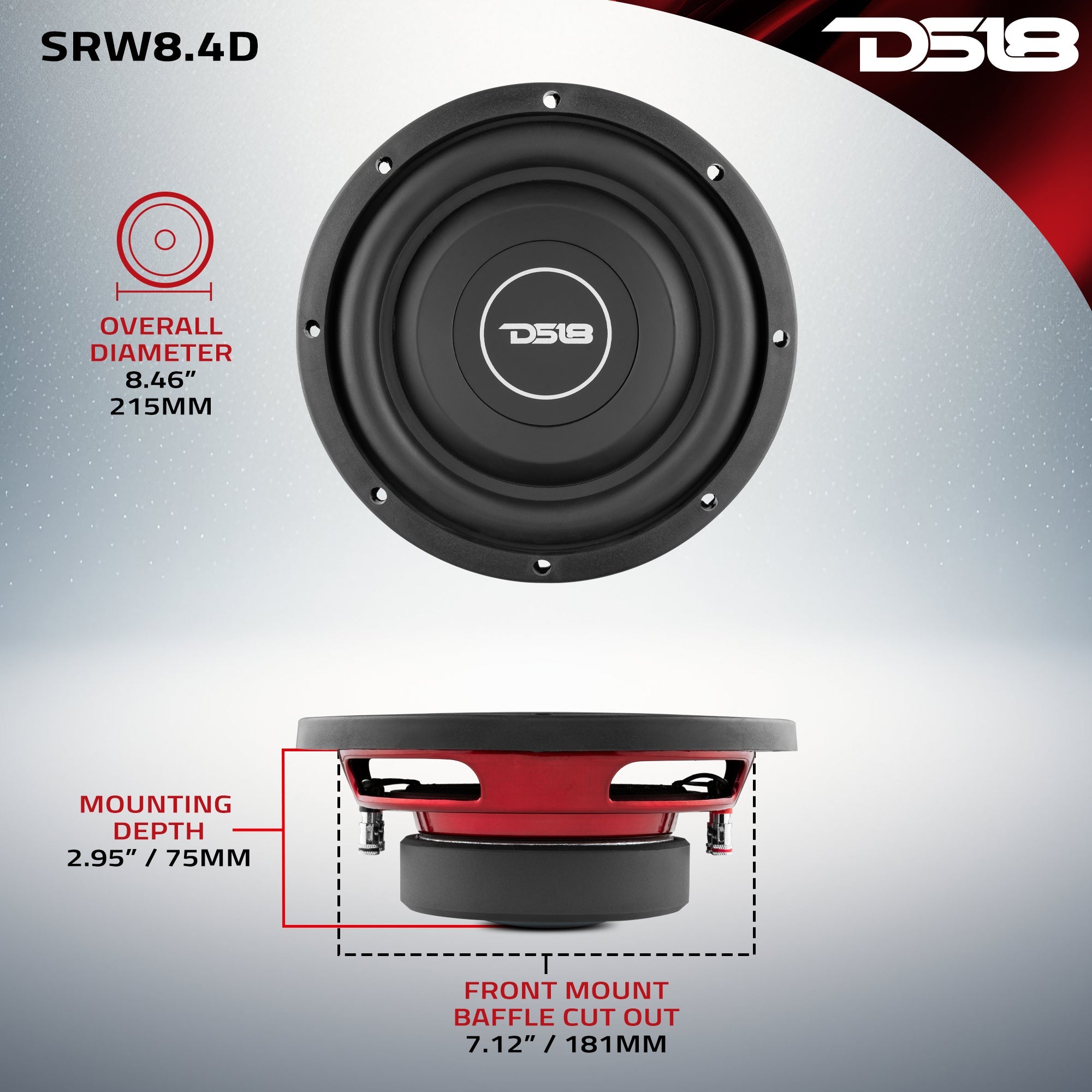 SRW Shallow-Mount 8" Subwoofer 150 Watts Rms DVC 4-Ohm