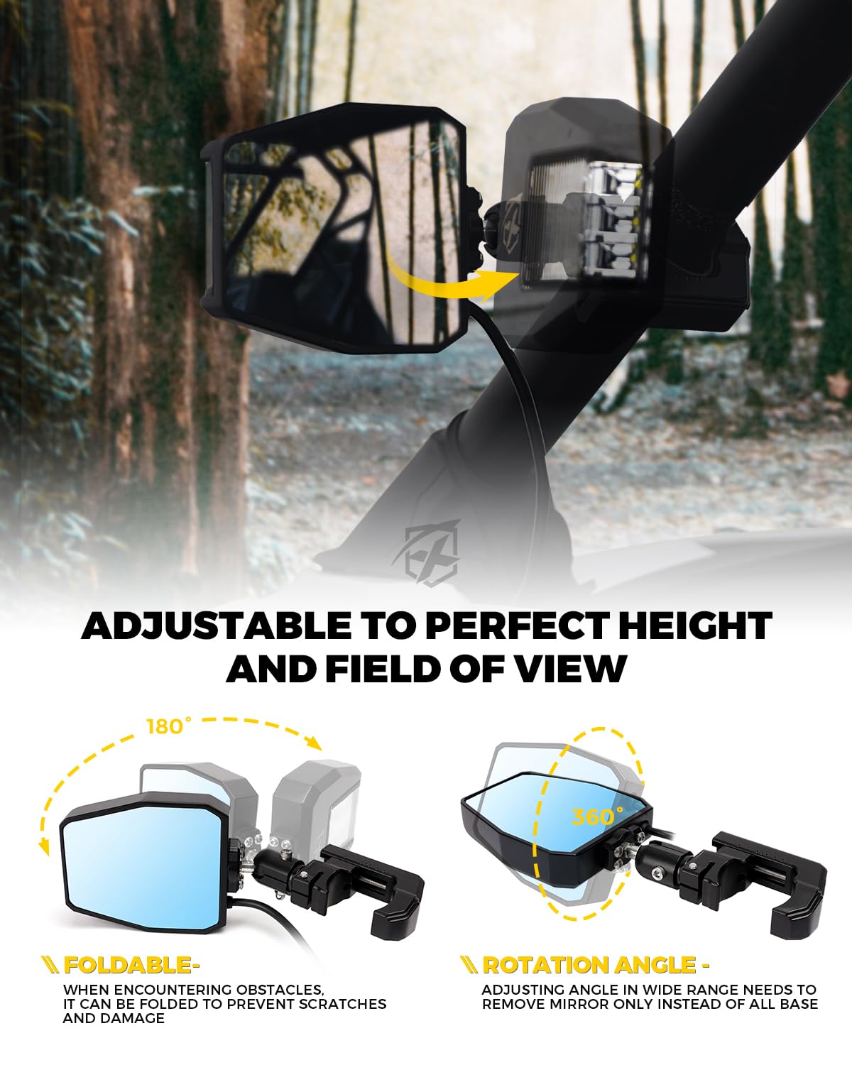 UTV Side View Mirrors with LED Spotlights & C-Clamp Brackets