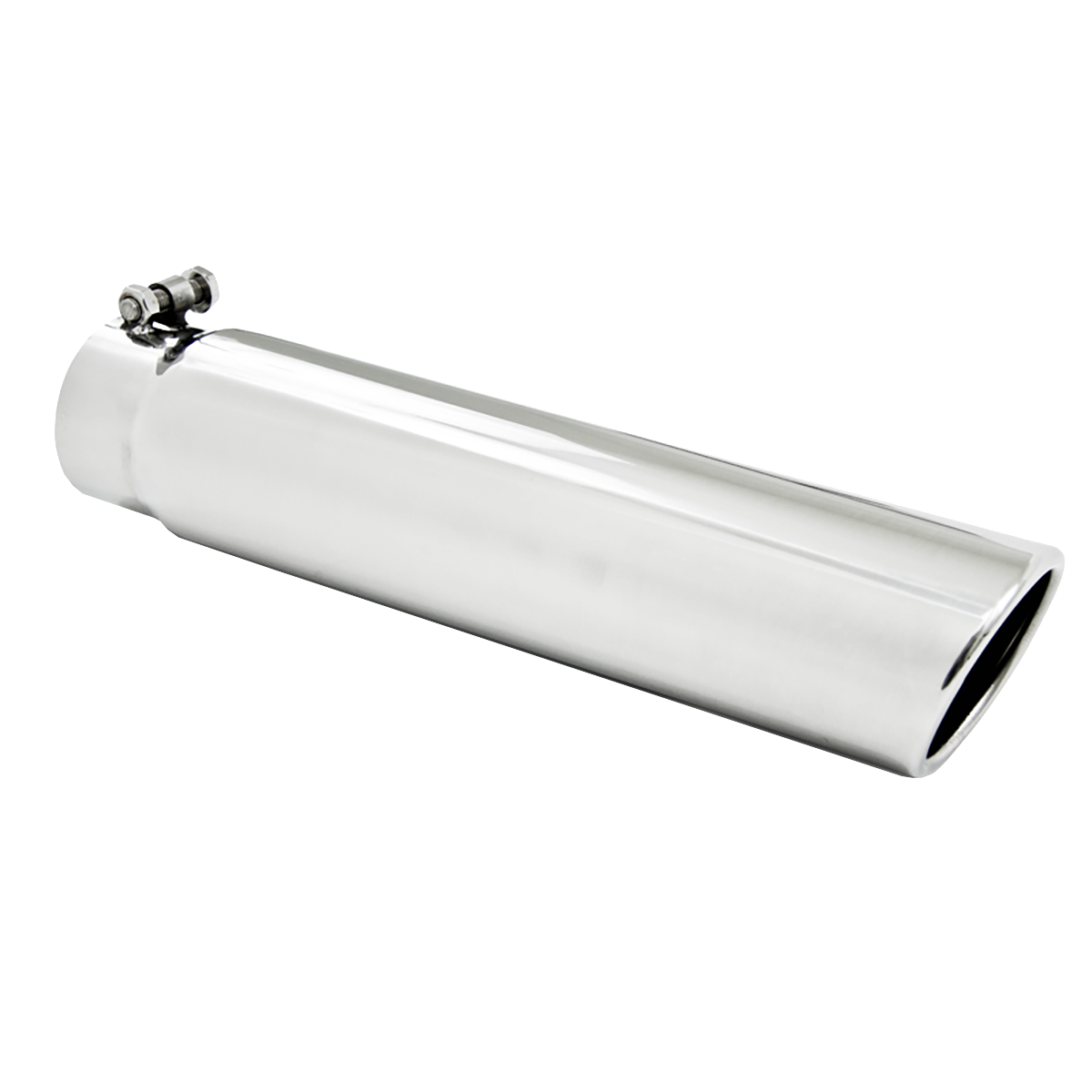3.5 Inch OD 3 Inch Inlet 16 Inch Length Angled Cut Rolled End Clampless-No Weld T304 Stainless Steel MBRP