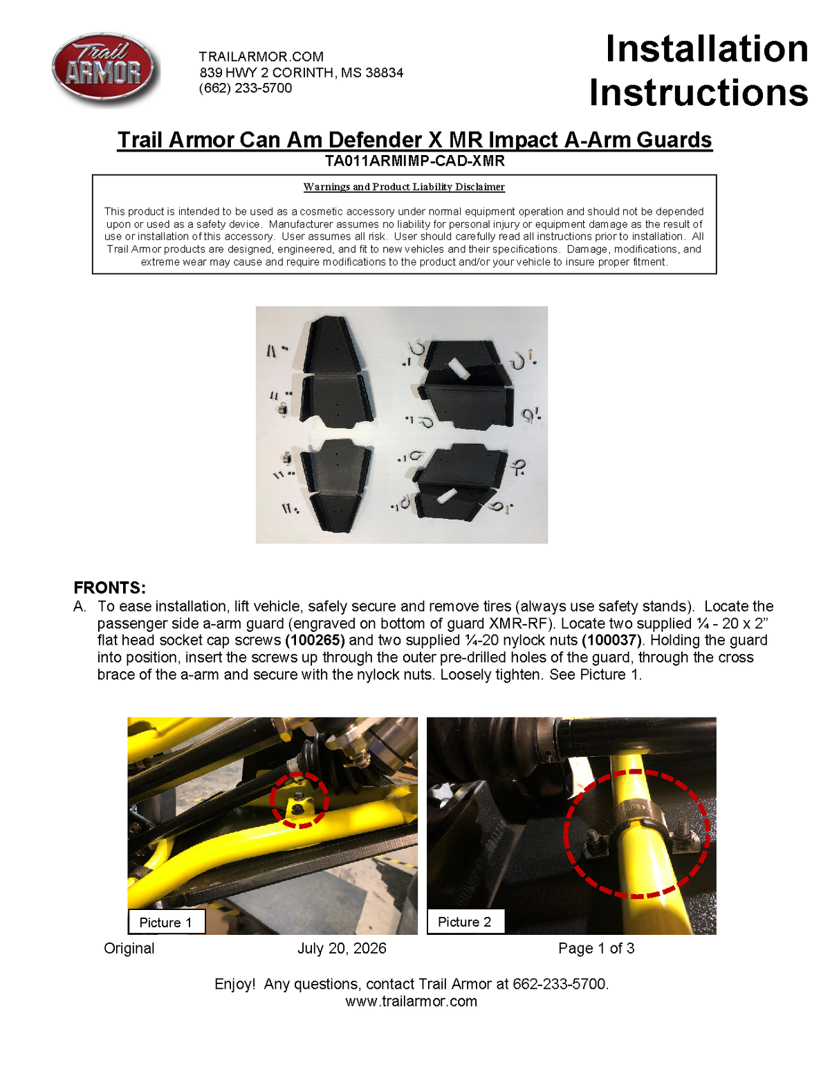 Trail Armor 2018 - 2021 Can Am Defender and Can Am Defender Max iMpact A-Arm Guards for FACTORY ARCHED A-ARMS
