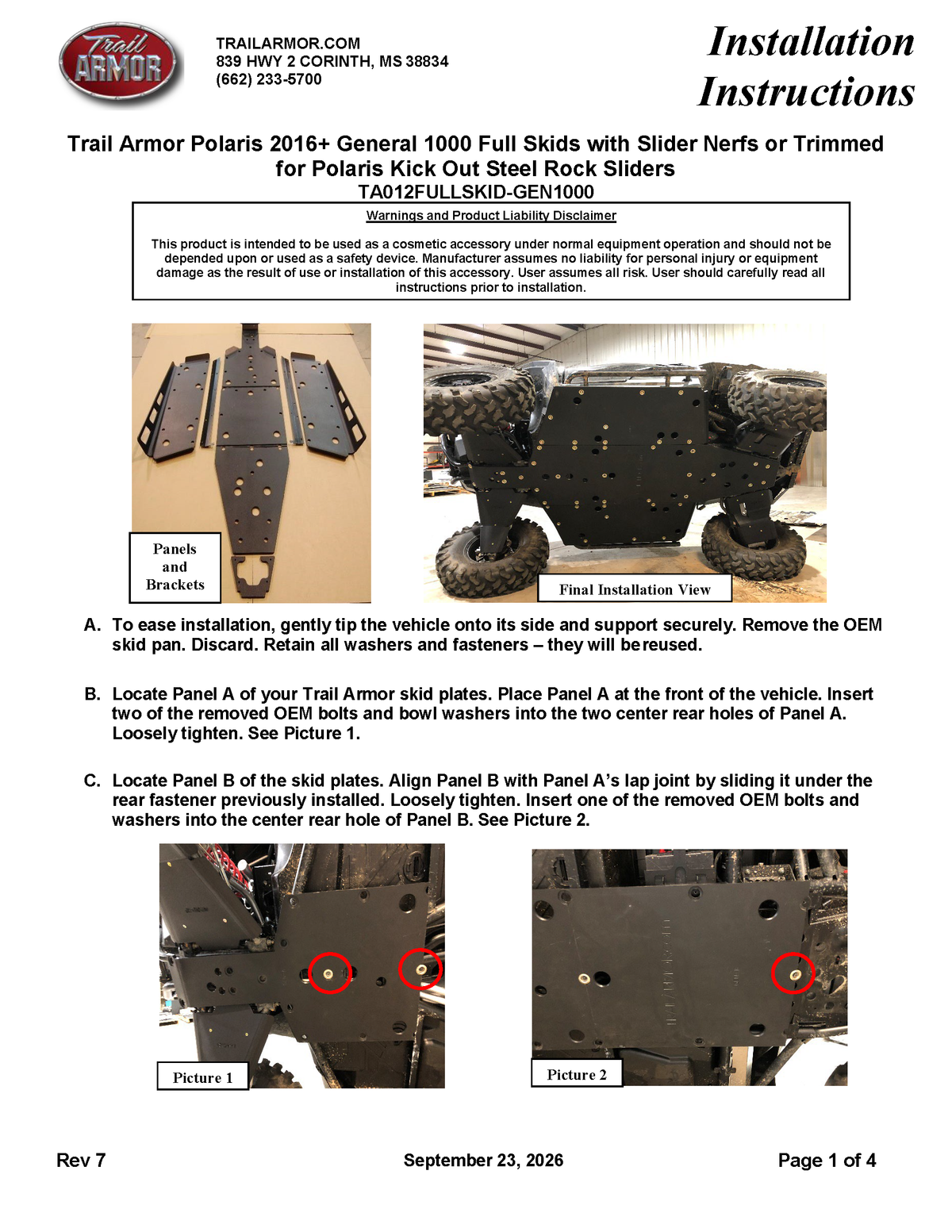 Trail Armor Polaris General 1000 and General XP 1000 Full Skids with Standard Slider Nerfs or Trimmed for Polaris Kick Out Steel Rock Sliders 2016-2023
