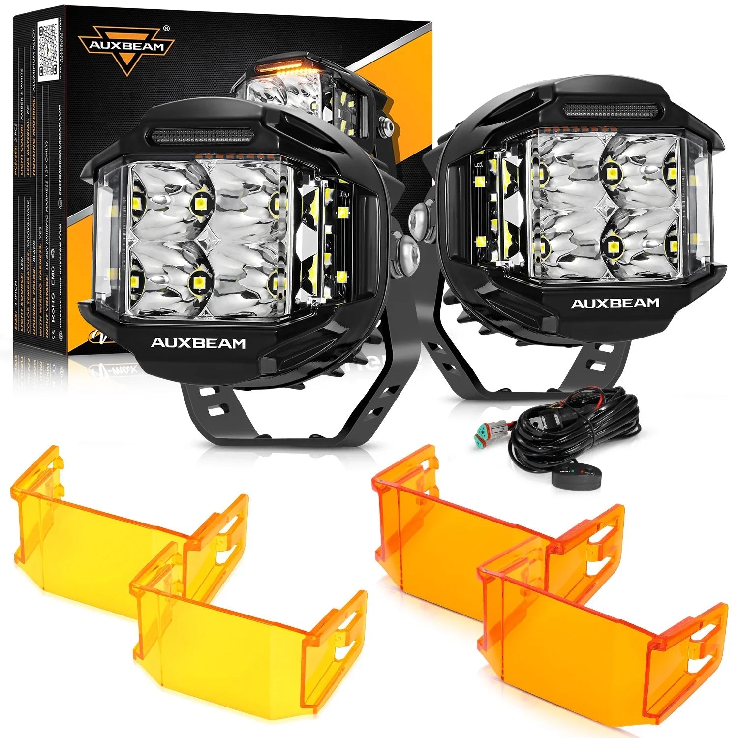 V-MAX Series | 4 Inch 92W 8960LM Spot Beam Side Shooter LED Round Pod Lights with Amber DRL