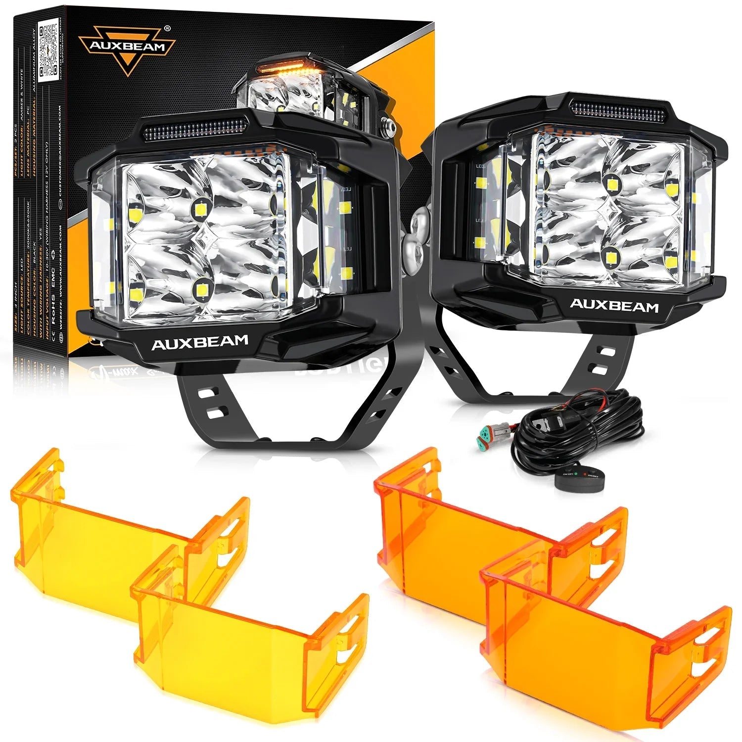 V-MAX Series | 4 Inch 92W 8960LM Spot Beam Side Shooter LED Square Pod Lights with Amber DRL