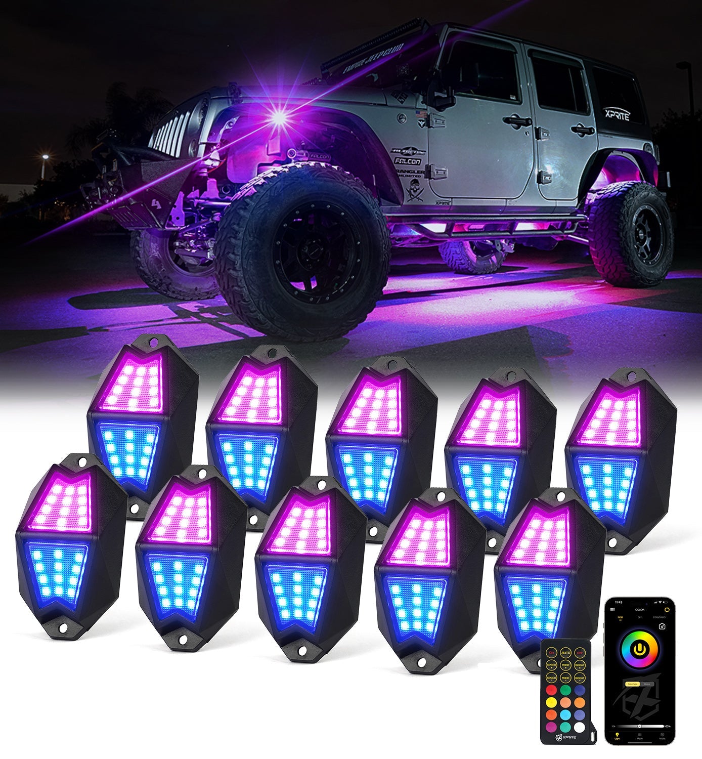 Xprite RGB LED Rock Lights with APP & Remote Control – Off-Road Underglow Lights for Jeep Trucks UTV ATV