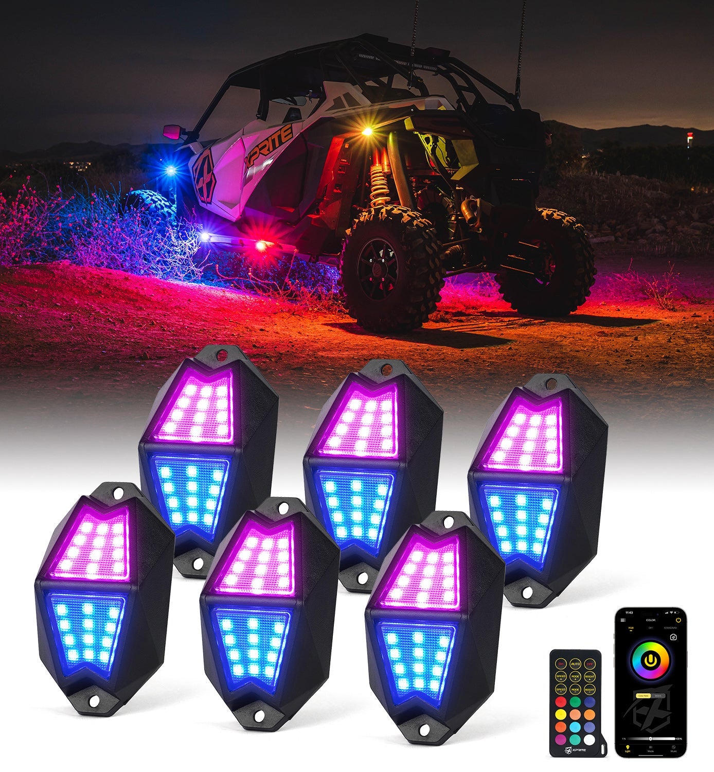 Xprite RGB LED Rock Lights with APP & Remote Control – Off-Road Underglow Lights for Jeep Trucks UTV ATV