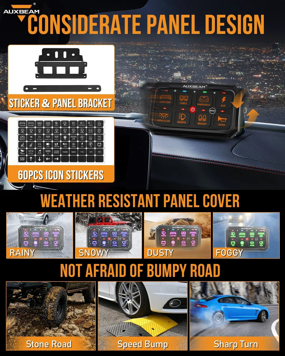RGB Series 8 Gang (RA80 XL) Switch Panel, Larger Size, Toggle/ Momentary/ Pulsed Mode Supported