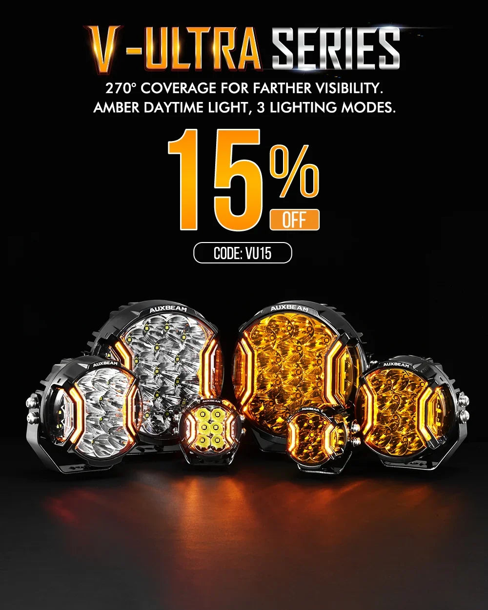 V-ULTRA Series  3/5/7/9 Inch LED Side Shooter Amber/White Pod Lights with Amber DRL