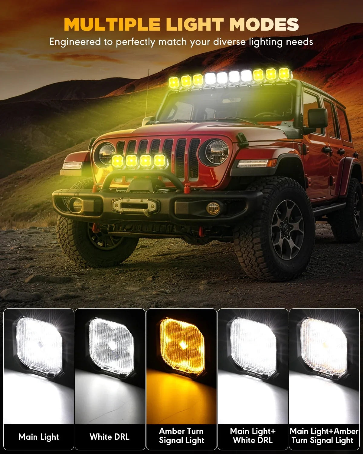 Color Play Series 3 Inch 100W Fog Lights Off Road Lights with White DRL & Amber Turn Signal Lights