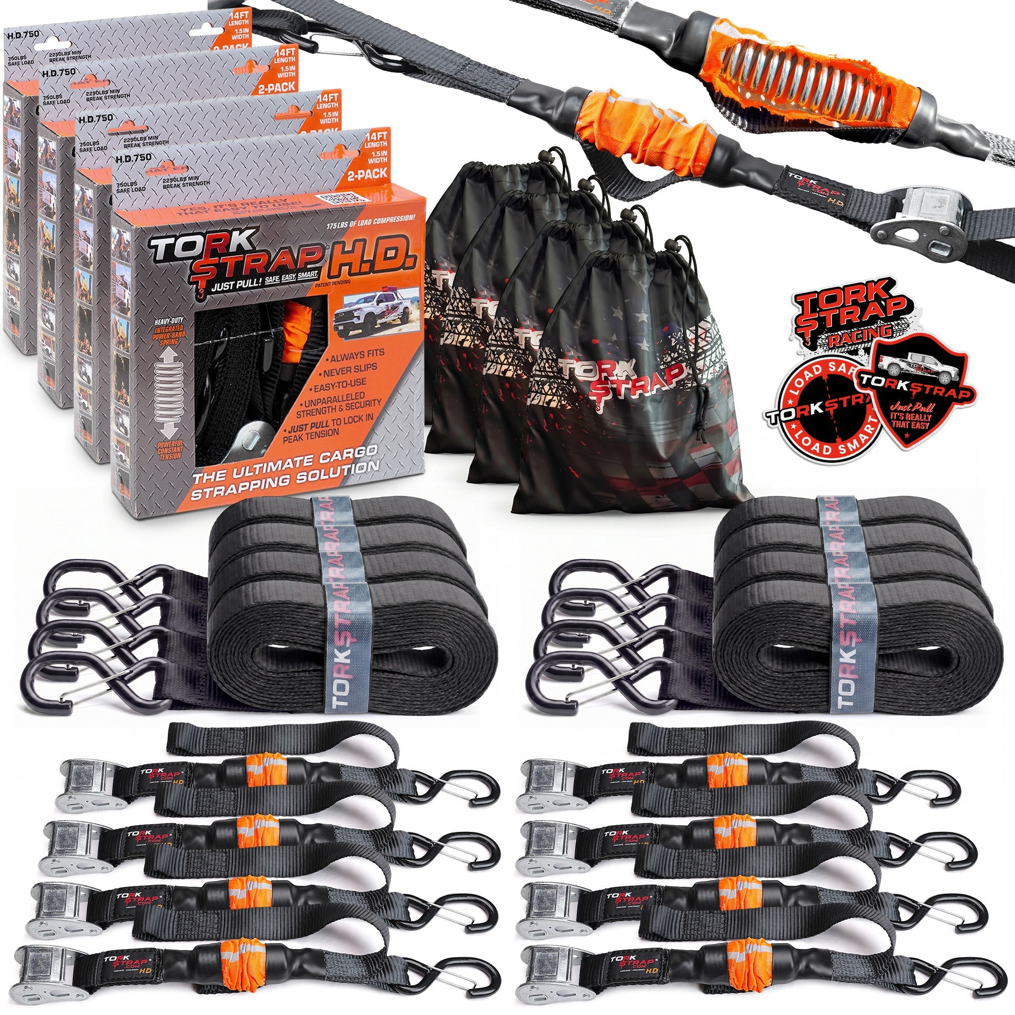TorkStrap HD750 | 14'x1.5'' Spring Loaded Tie Down Straps - 2250lb Max Load