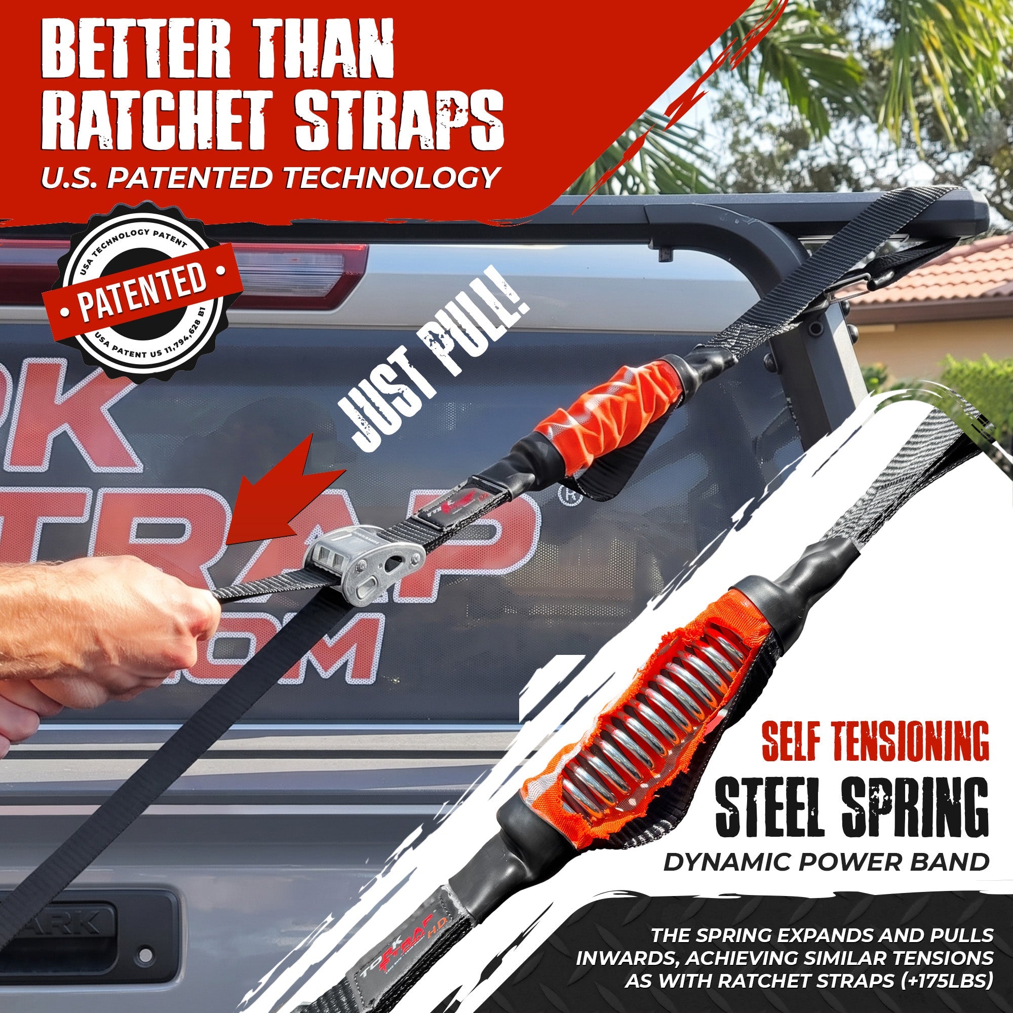 TorkStrap HD750 | 14'x1.5'' Spring Loaded Tie Down Straps - 2250lb Max Load