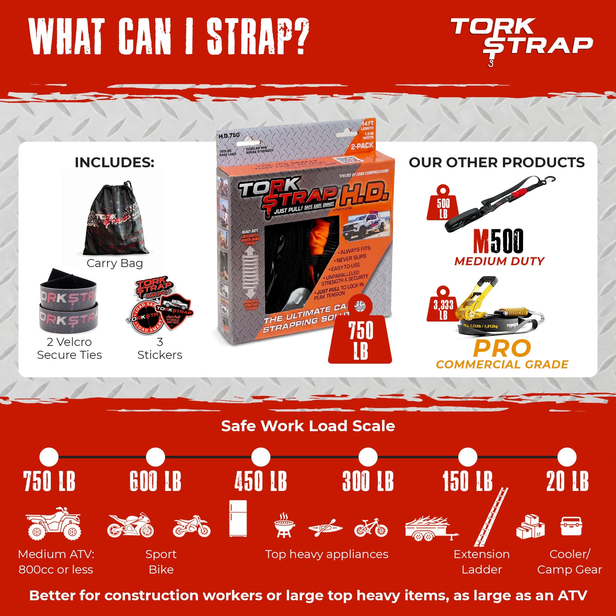 TorkStrap HD750 | 14'x1.5'' Spring Loaded Tie Down Straps - 2250lb Max Load