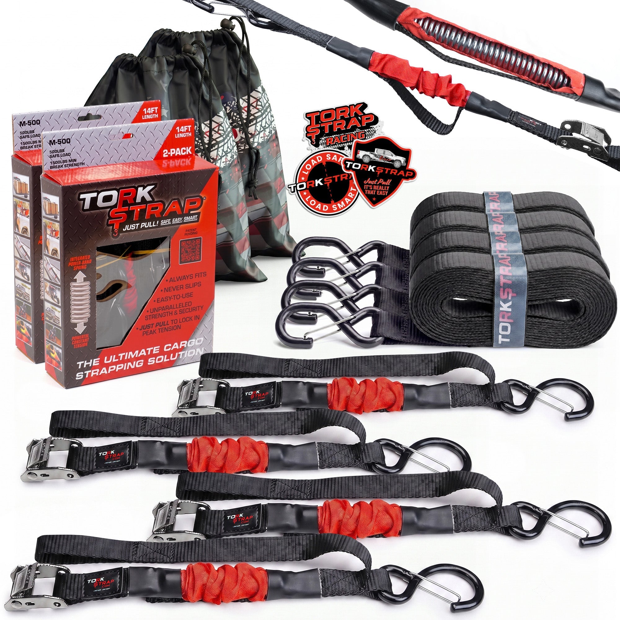 TorkStrap M500 | 14'x1'' Spring Loaded Tie Down Straps - 1500lbs Max Load