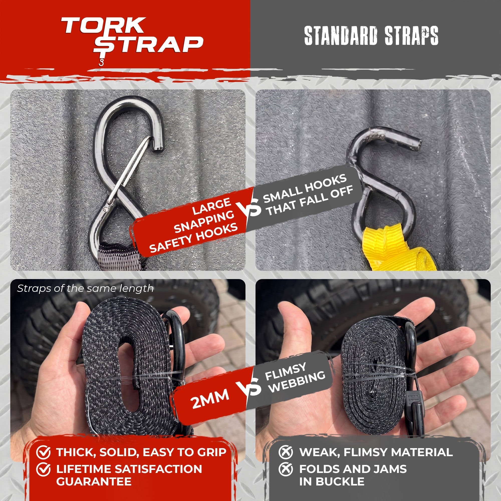 TorkStrap M500 | 14'x1'' Spring Loaded Tie Down Straps - 1500lbs Max Load