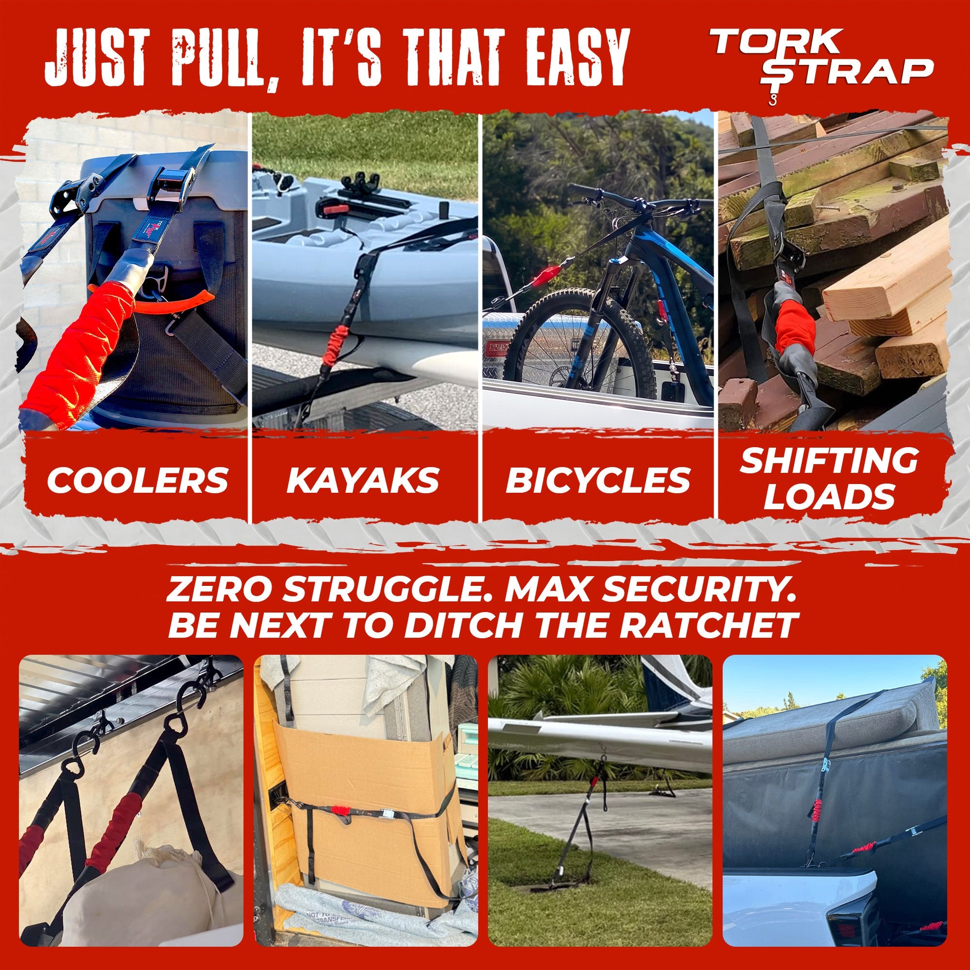 TorkStrap M500 | 14'x1'' Spring Loaded Tie Down Straps - 1500lbs Max Load