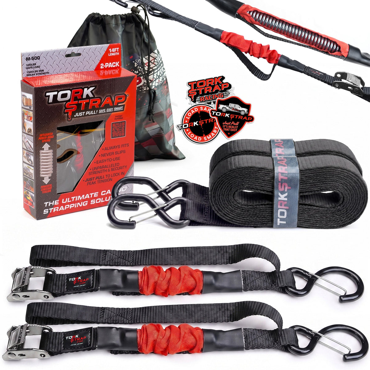 * Back Order* TorkStrap M500 | 14'x1'' Spring Loaded Tie Down Straps - 1500lbs Max Load. (2, 4, 8, 12, Pack)
