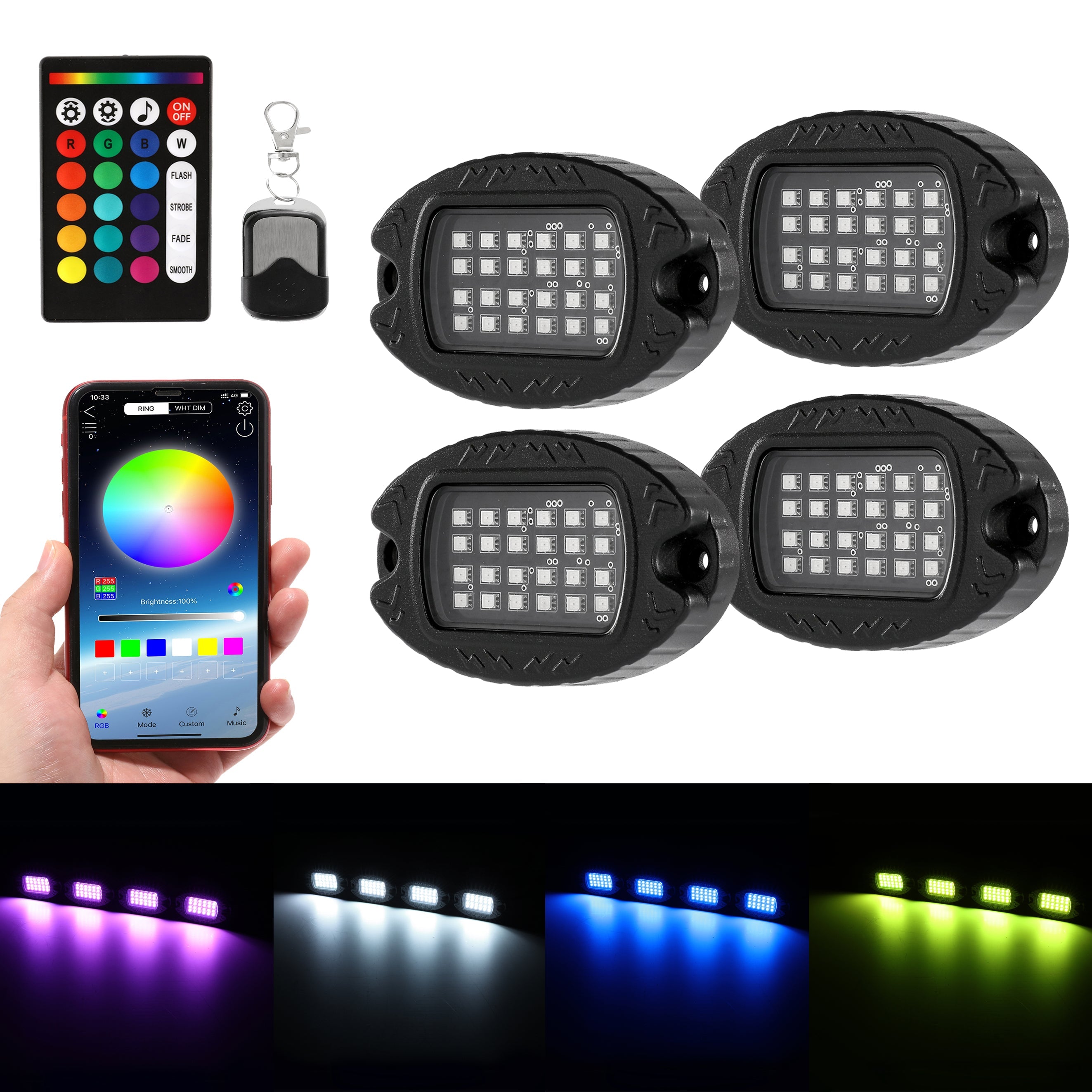 NEWEST! RGBW LED Rock Lights Kit with Bluetooth APP & Wireless Remote Control, Multicolor Neon Underglow Lights with Brake Light function