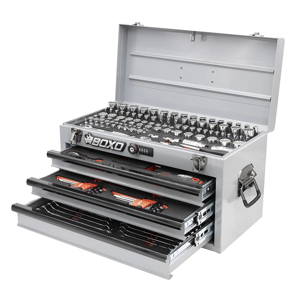 BoxoUSA 185-Piece Metric and SAE Combo Tool Set with 3-Drawer Hand Carry Box
