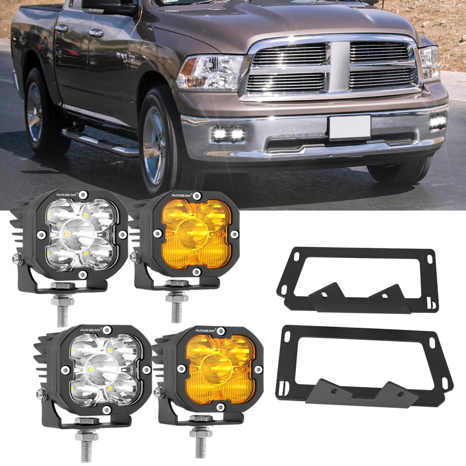 3 Inch LED Pods Lights with Additional Amber Covers & Dual Fog lights Hidden Bumper Mount Bracket for Dodge Ram 2500 3500 2010-2017