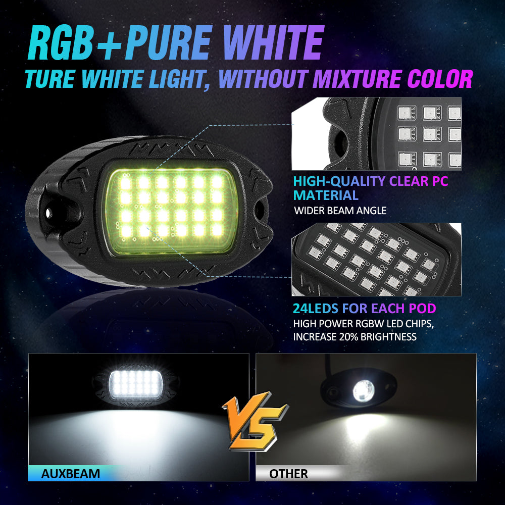 NEWEST! RGBW LED Rock Lights Kit with Bluetooth APP & Wireless Remote Control, Multicolor Neon Underglow Lights with Brake Light function for ATV UTV