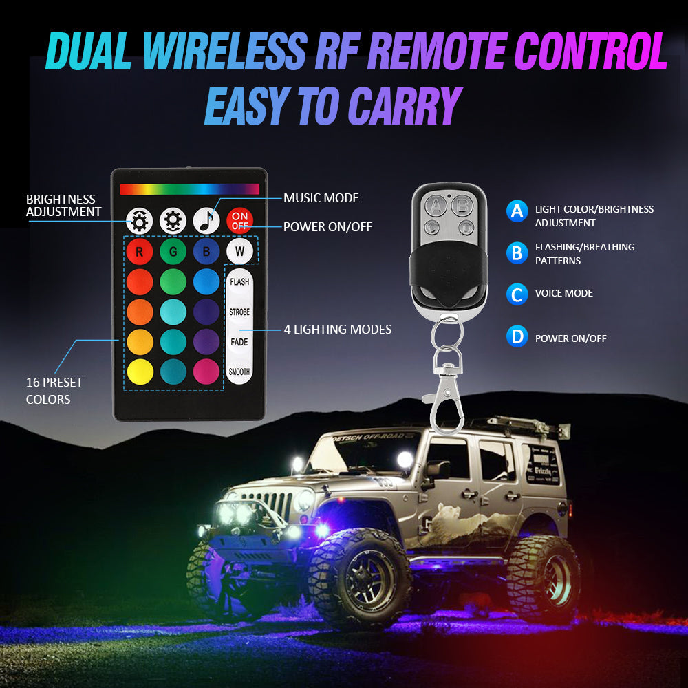 NEWEST! RGBW LED Rock Lights Kit with Bluetooth APP & Wireless Remote Control, Multicolor Neon Underglow Lights with Brake Light function for ATV UTV
