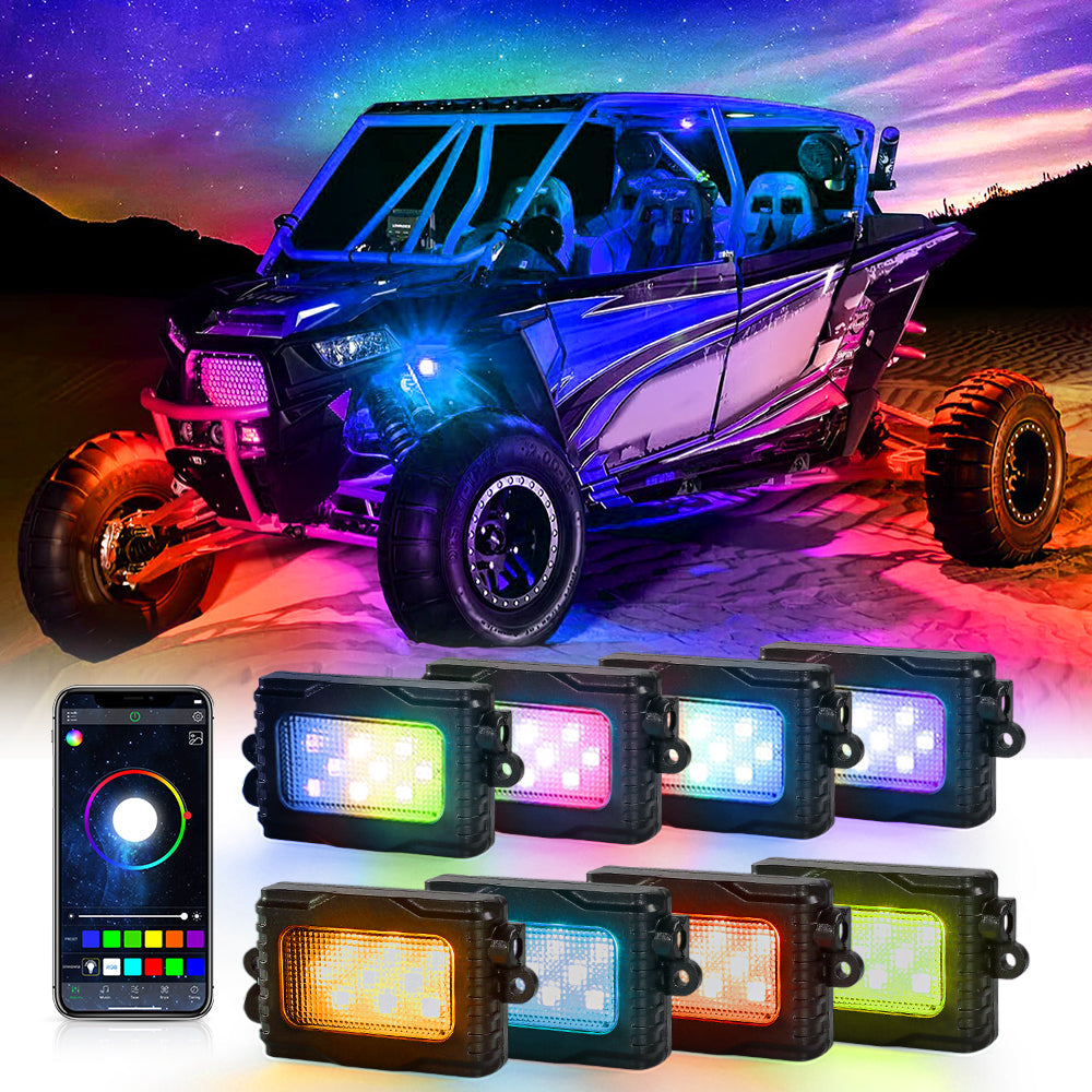 Upgraded Version! Magic Dream Color RGB LED Rock Lights Kit with Bluetooth APP Control, Multicolor Chasing Neon Underglow Lights for ATV UTV
