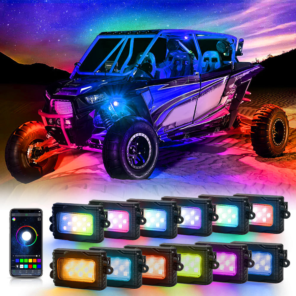 Upgraded Version! Magic Dream Color RGB LED Rock Lights Kit with Bluetooth APP Control, Multicolor Chasing Neon Underglow Lights for ATV UTV