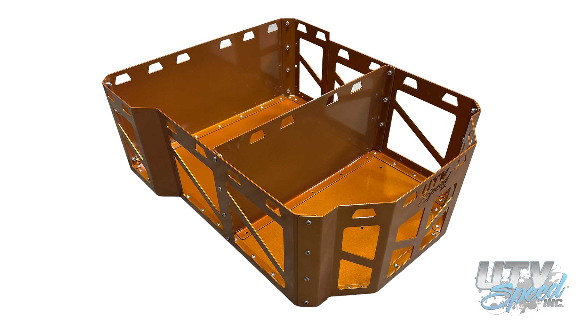 Polaris RZR 1000 Cargo Rack Bed Box by UTV Speed Inc. UTVRZR1BEDBOX Comes with three individual compartments that can be removed to make one large compartment. Bed box comes powder coated satin black and fully assembled ready for install.