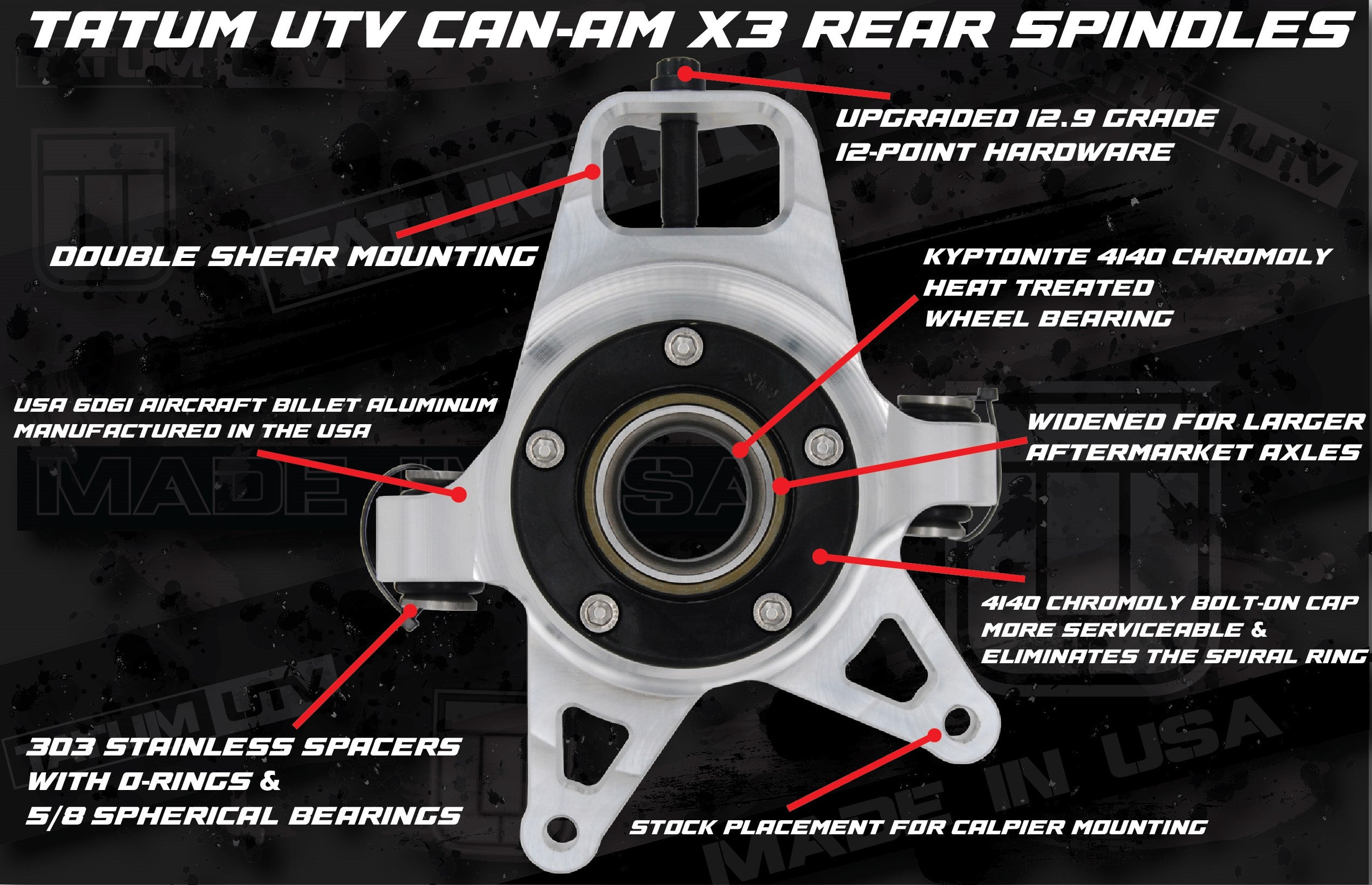 TATUM UTV CANAM MAVERICK X3 SUSPENSION SPINDLE KNUCKLE BEARING CARRIER REPLACEMENT OFF ROAD SUSPENSION PART ACCESSORIES BILLET ALUMINUM