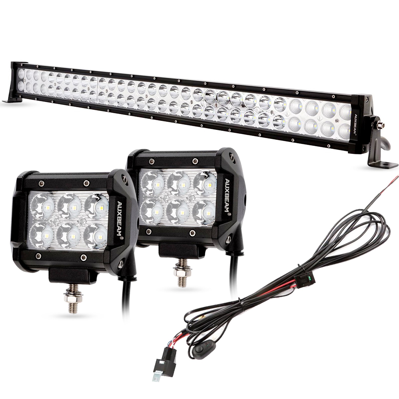 32"/42"/52"Dual Row Combo Light Bar&2pcs 4"Spot Driving Light&Wiring Harness Compatible for Jeep, Pickup, Truck, ATV, Boat, SUV