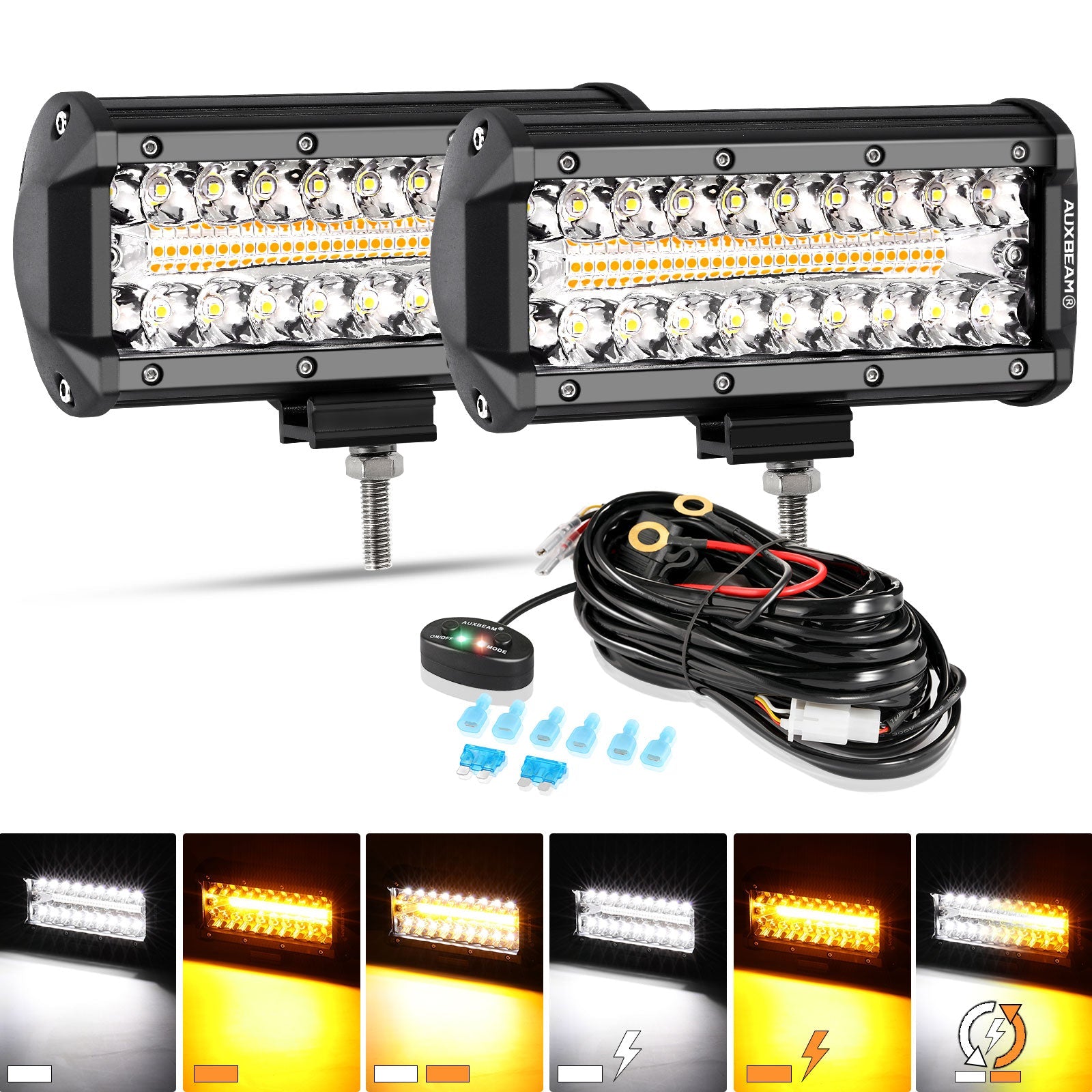 (2pcs/set) 7 inch 150W 6 Modes White&Amber LED Working Light with Wiring Harness for SUV ATV UTV Trucks Pickup Boat