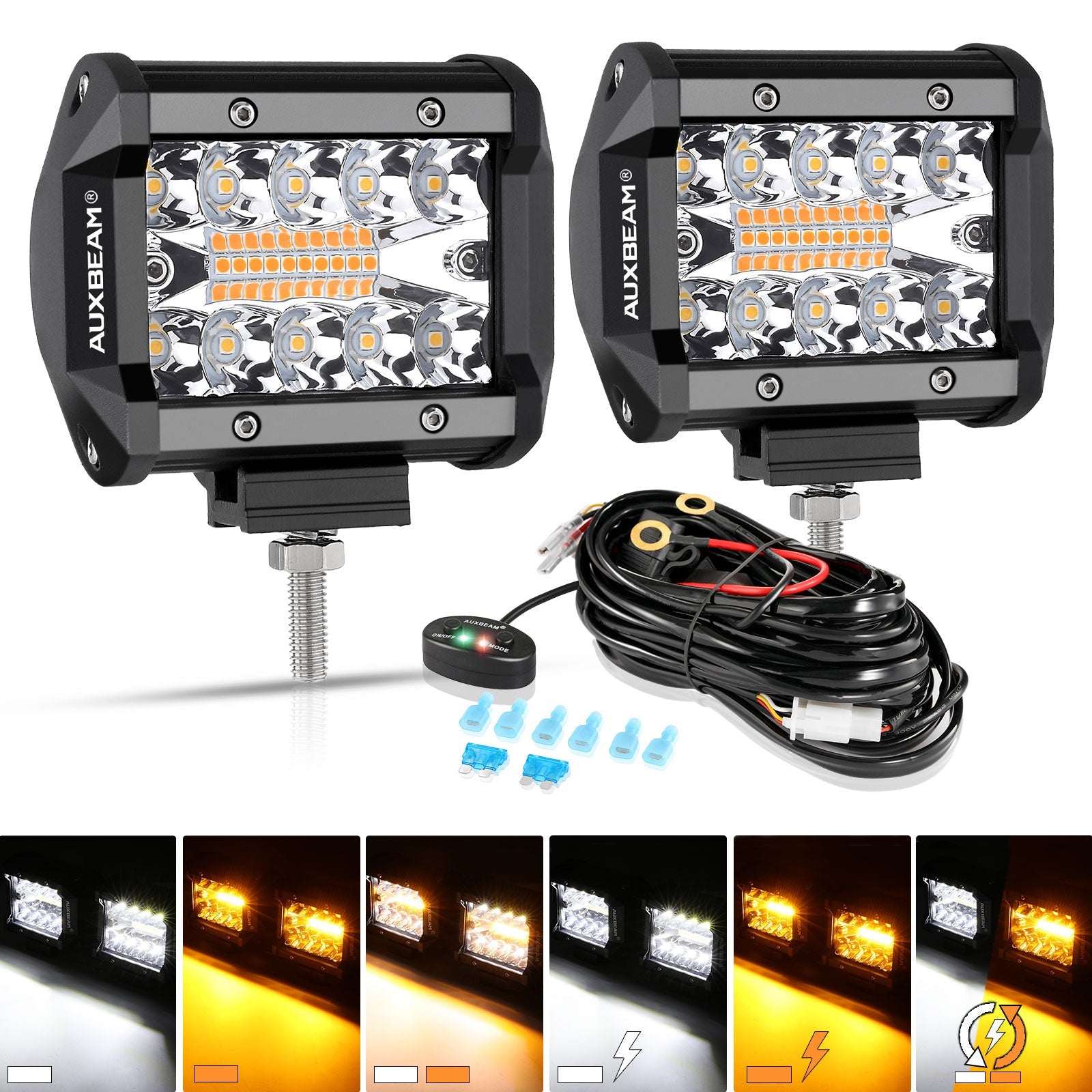 (2pcs/set) 4 inch 6 Modes White&Amber LED Working Light LED Pods with Wiring Harness for SUV ATV UTV Trucks Pickup Boat