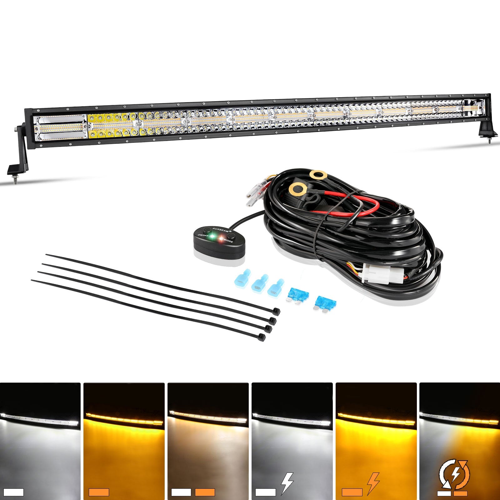 50 Inch 6 Modes White&Amber Curved  Off Road Led Light Bar