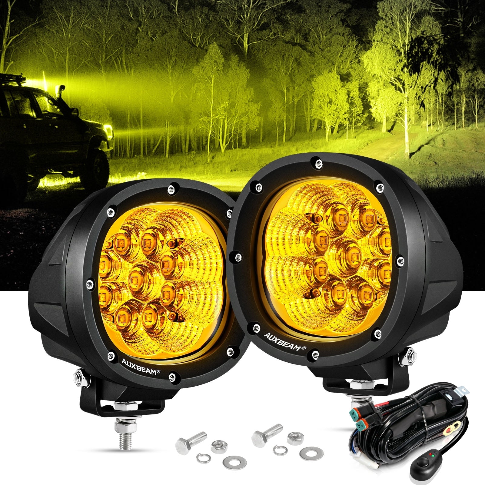 4 Inch 90W Round LED Driving Lights Flood Yellow Light with Wiring Harness for SUV ATV UTV Trucks Pickup Boat