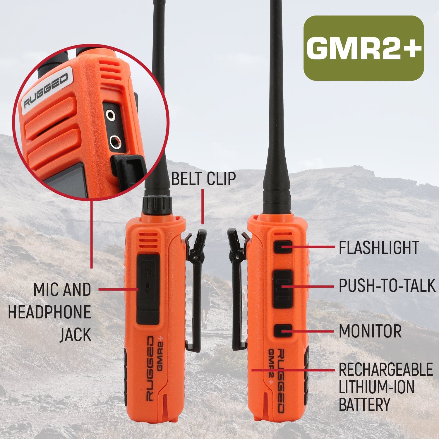 2 PACK - Rugged GMR2 PLUS GMRS and FRS Two Way Handheld Radios - Safety Orange