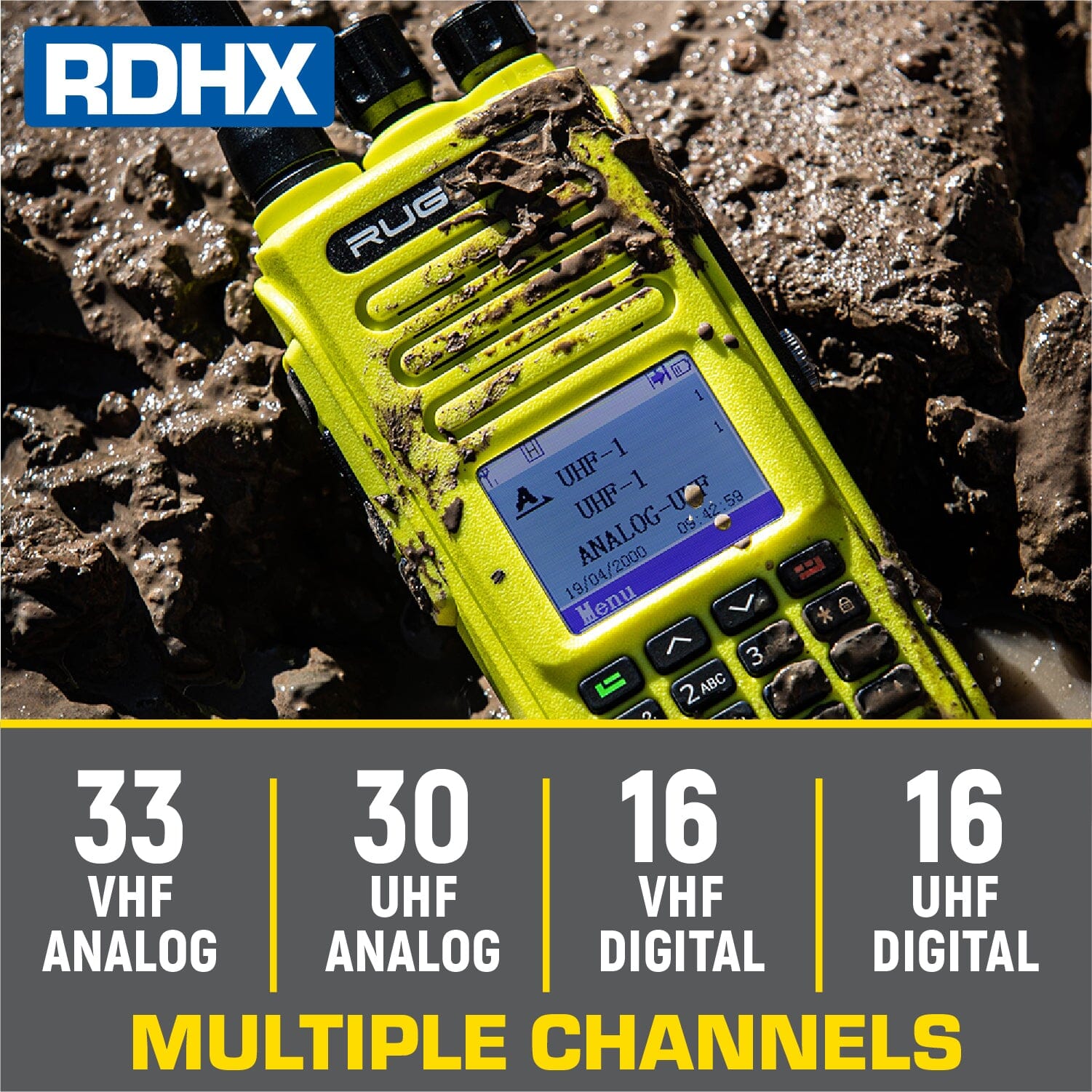 RDHX waterproof handheld radio with multiple VHF and UHF channels in analog and digital