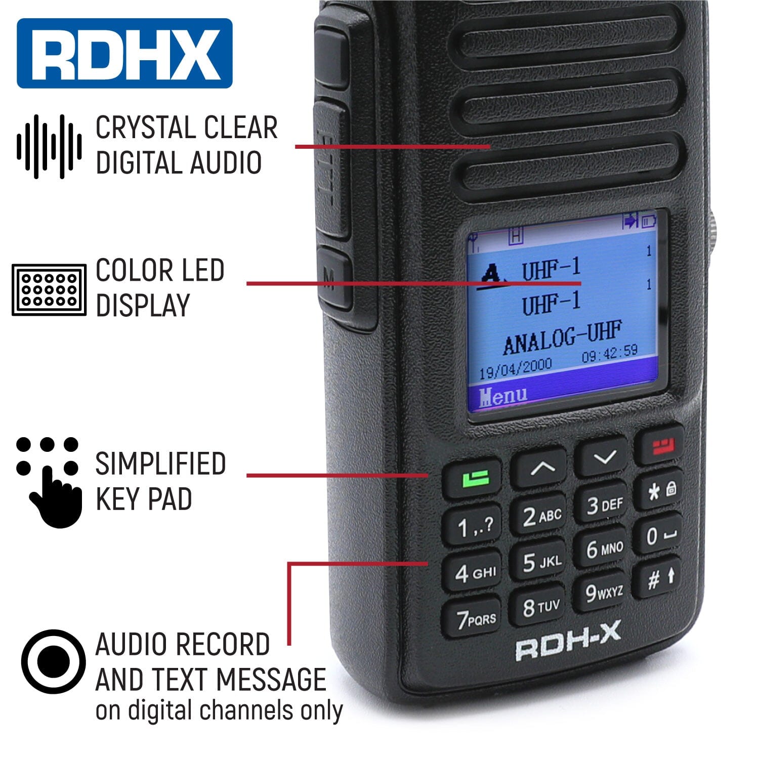 RDHX waterproof handheld with crystal clear audio, color LED display, easy to use keypad, audio record and text messaging